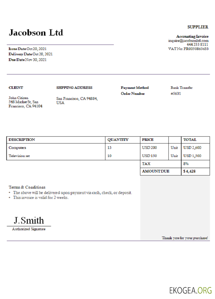 Facture USA Jacobson Ltd